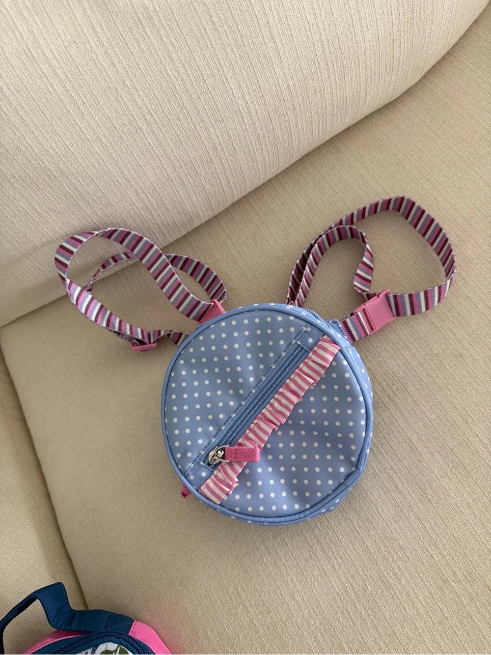 Matilda Jane Light Blue Polka Dot Round Bag with Pink Ruffle